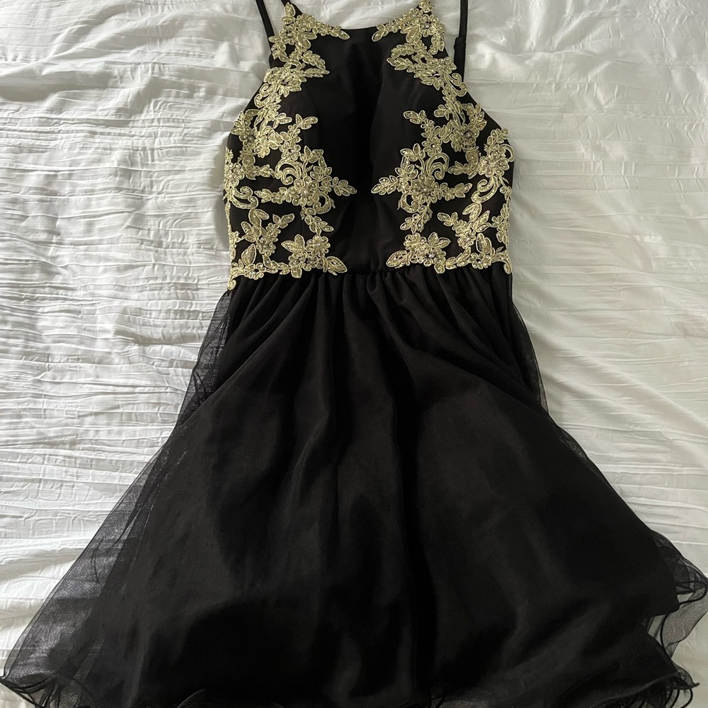 Blondie Nites Black Dress with Gold Embroidery